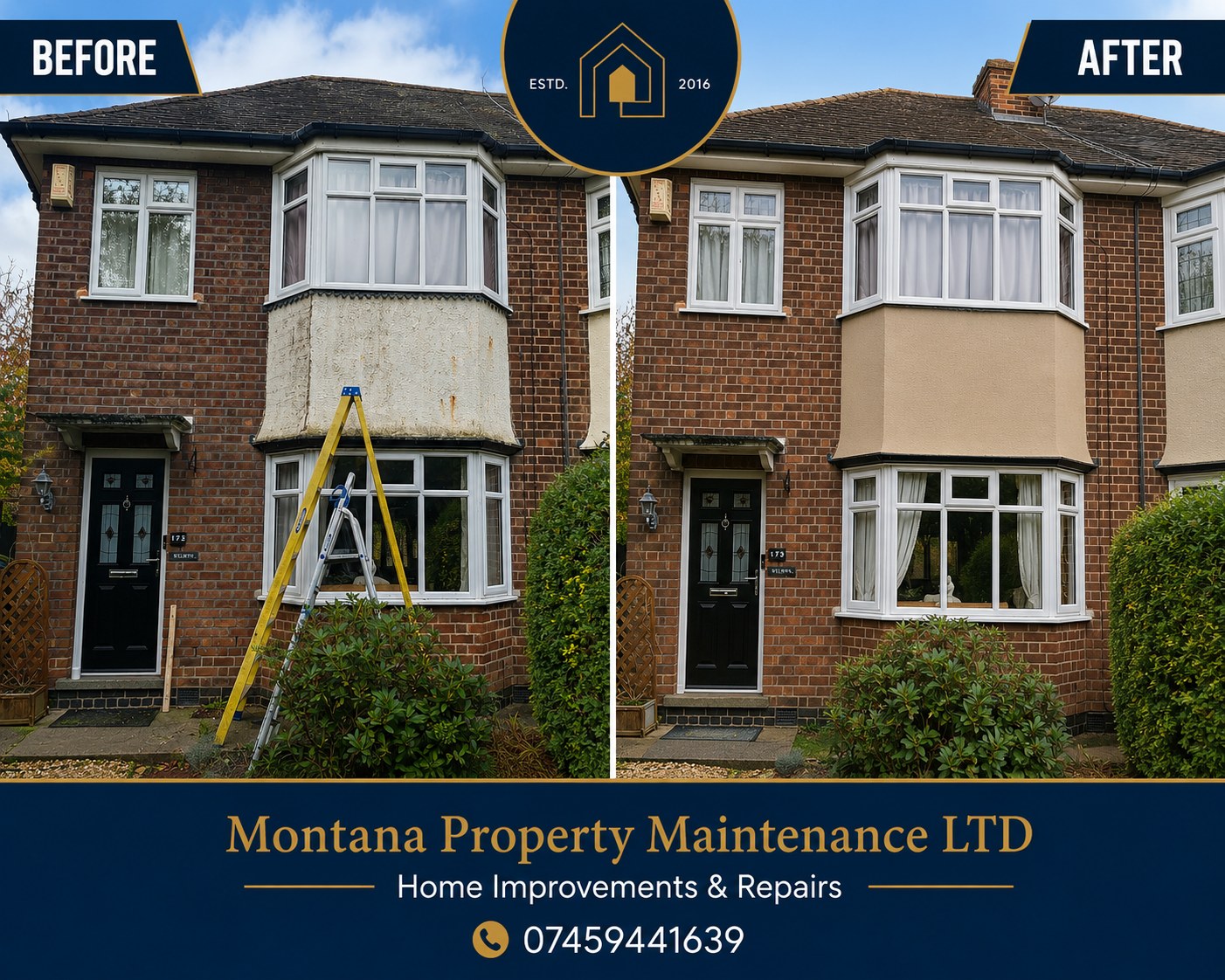 Exterior bay render repair before and after