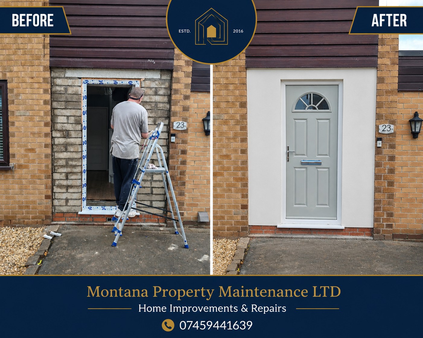 Front door and exterior making good before and after